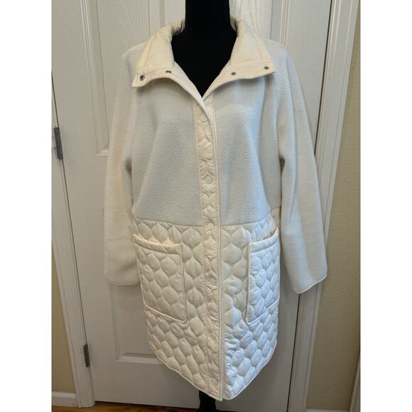 T by Talbots Jacket Fleece Quilted Womens L Activewear Ivory Snaps Pockets Soft - Picture 1 of 12